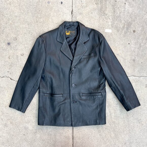 Vintage 90s Y2K Men's Sergio Vadducci Black Leather Blazer Jacket Size Large - Picture 1 of 6